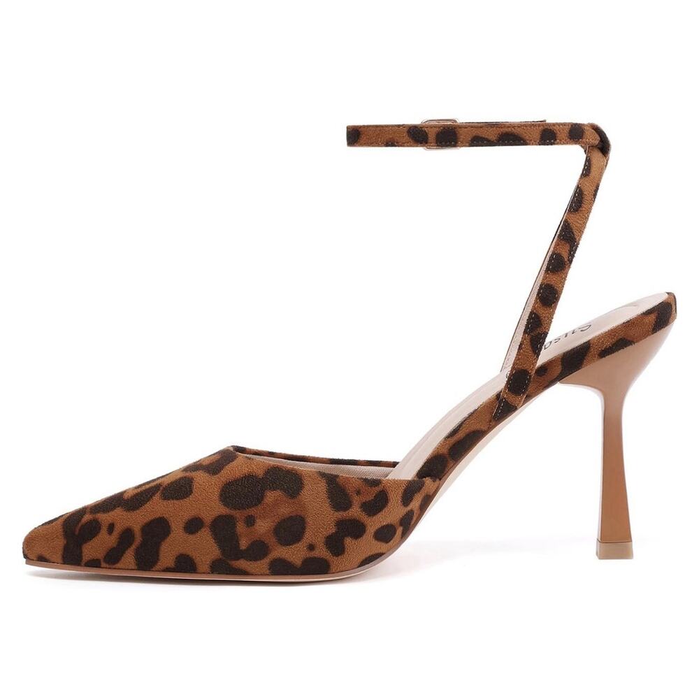 Closed Toe Ankle Strap Heels Pumps Pointed Toe Heeled Sandals Brown Leopard 7.5 - Picture 7 of 11